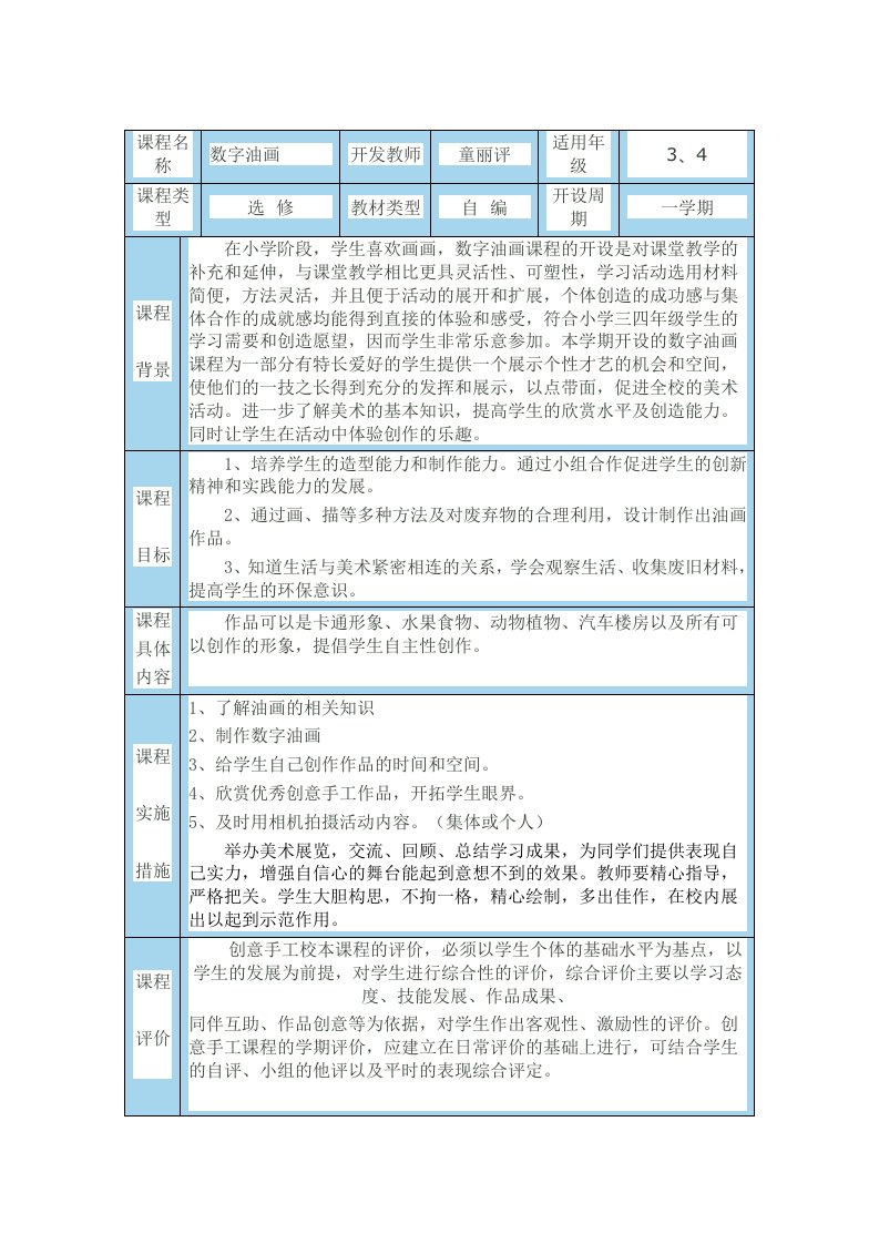 拓展性课程纲要数字油画