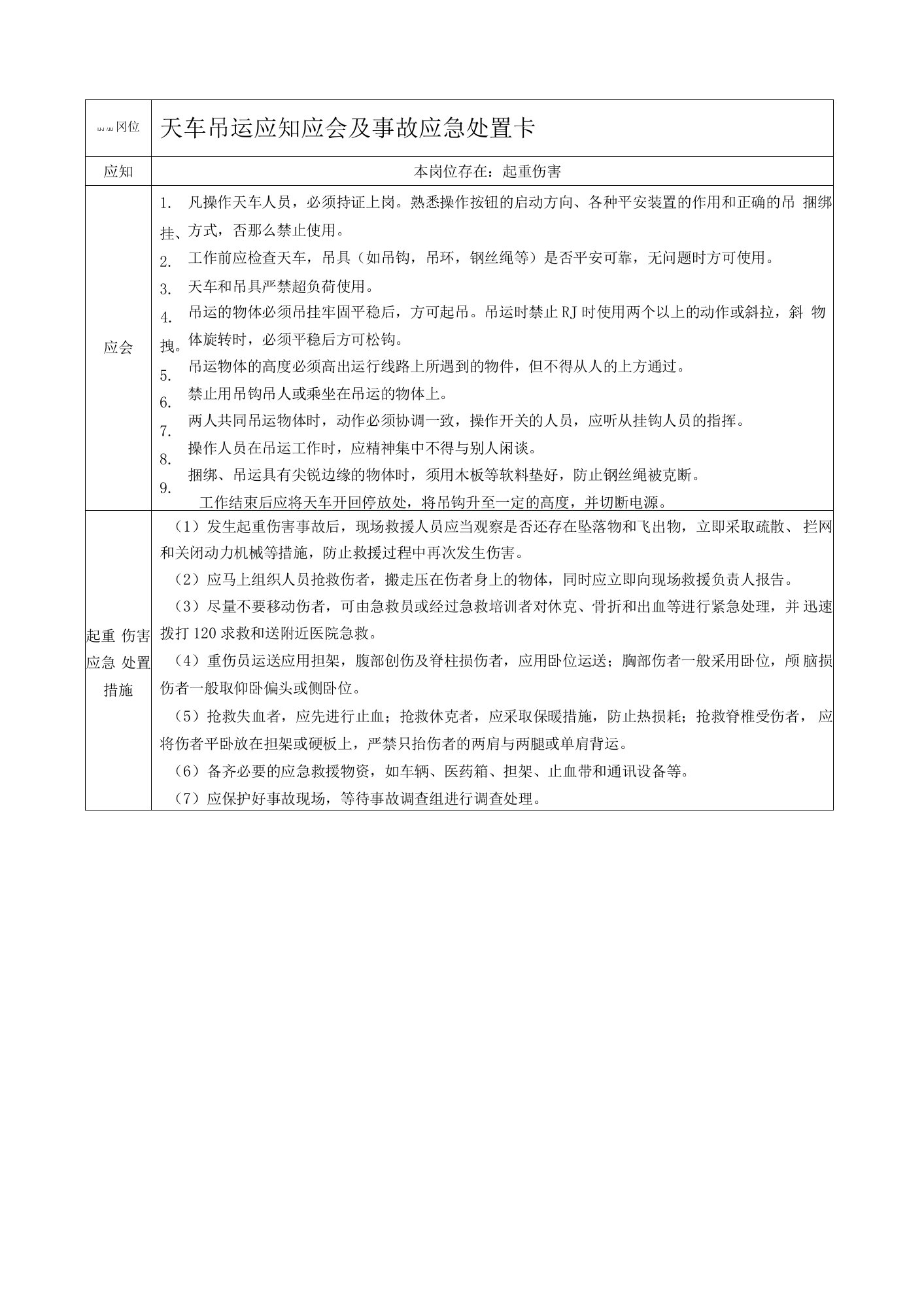 天车吊运应知应会及事故应急处置卡