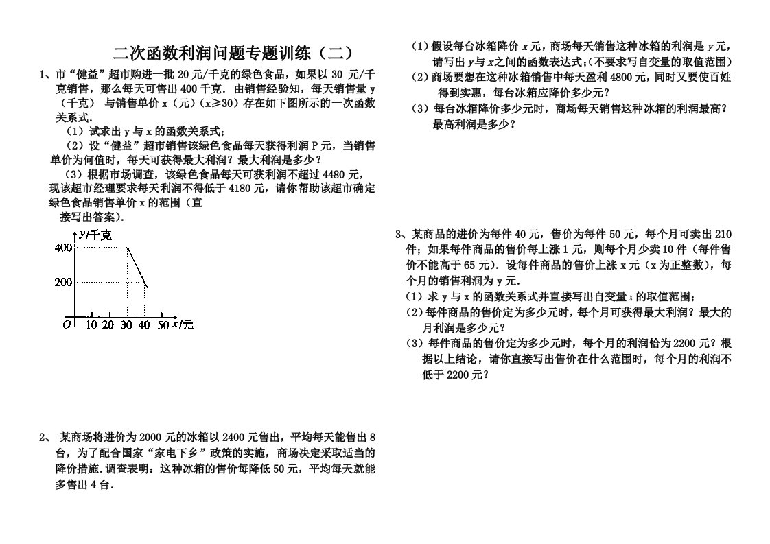 中考数学利润问题专题训练(二)