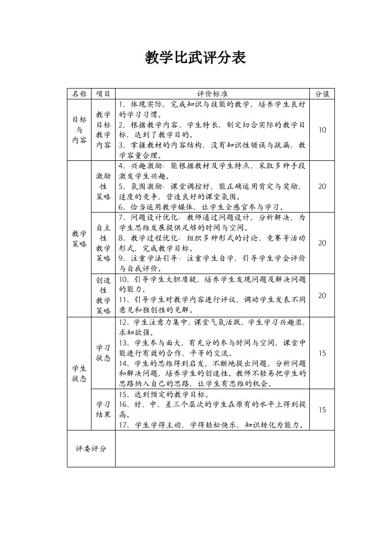 教学比武评分表