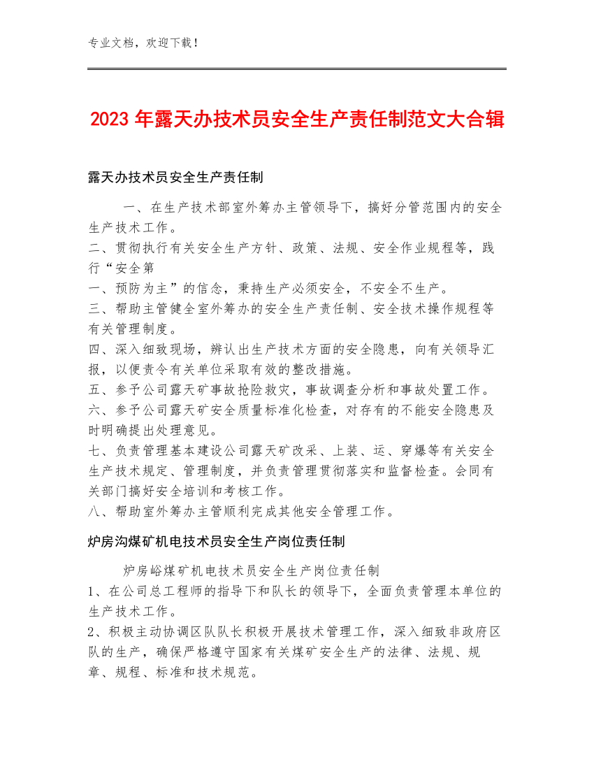 2023年露天办技术员安全生产责任制范文大合辑