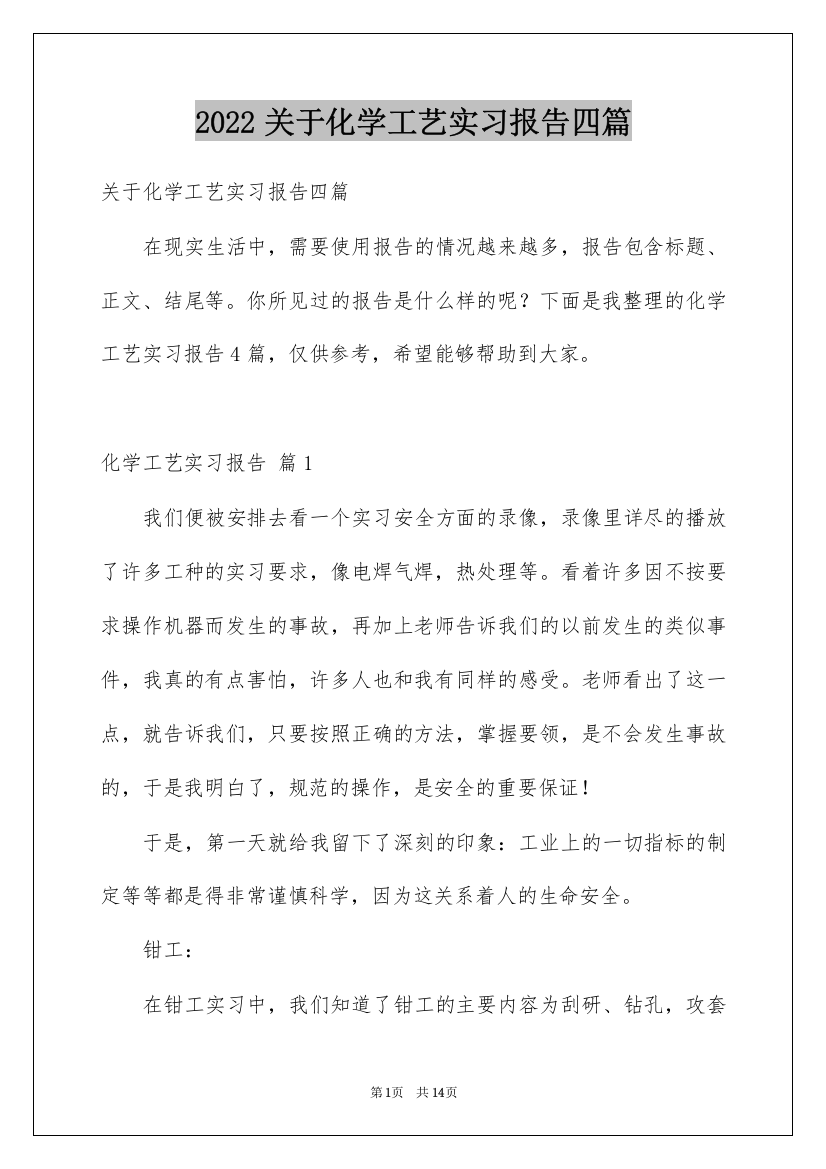 2022关于化学工艺实习报告四篇