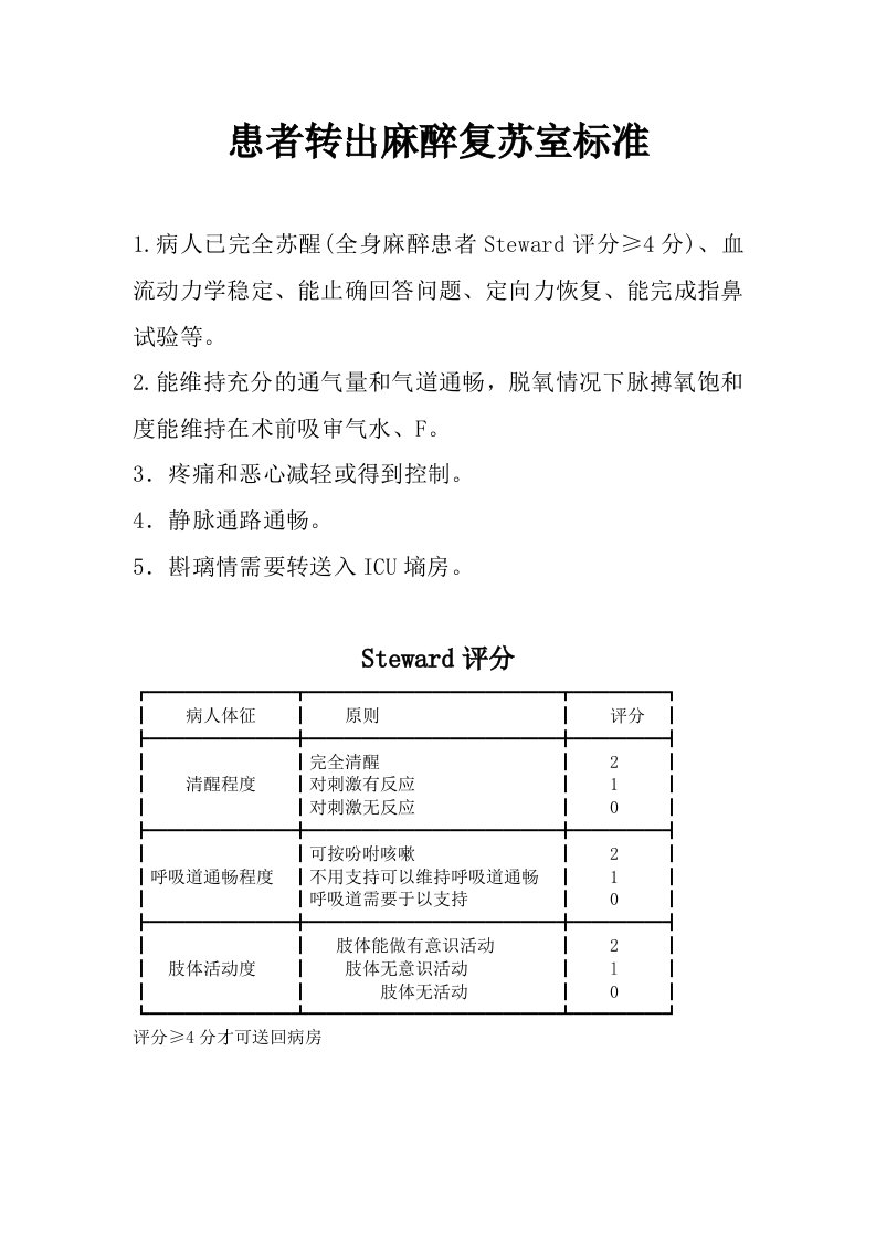 患者转出麻醉复苏室标准