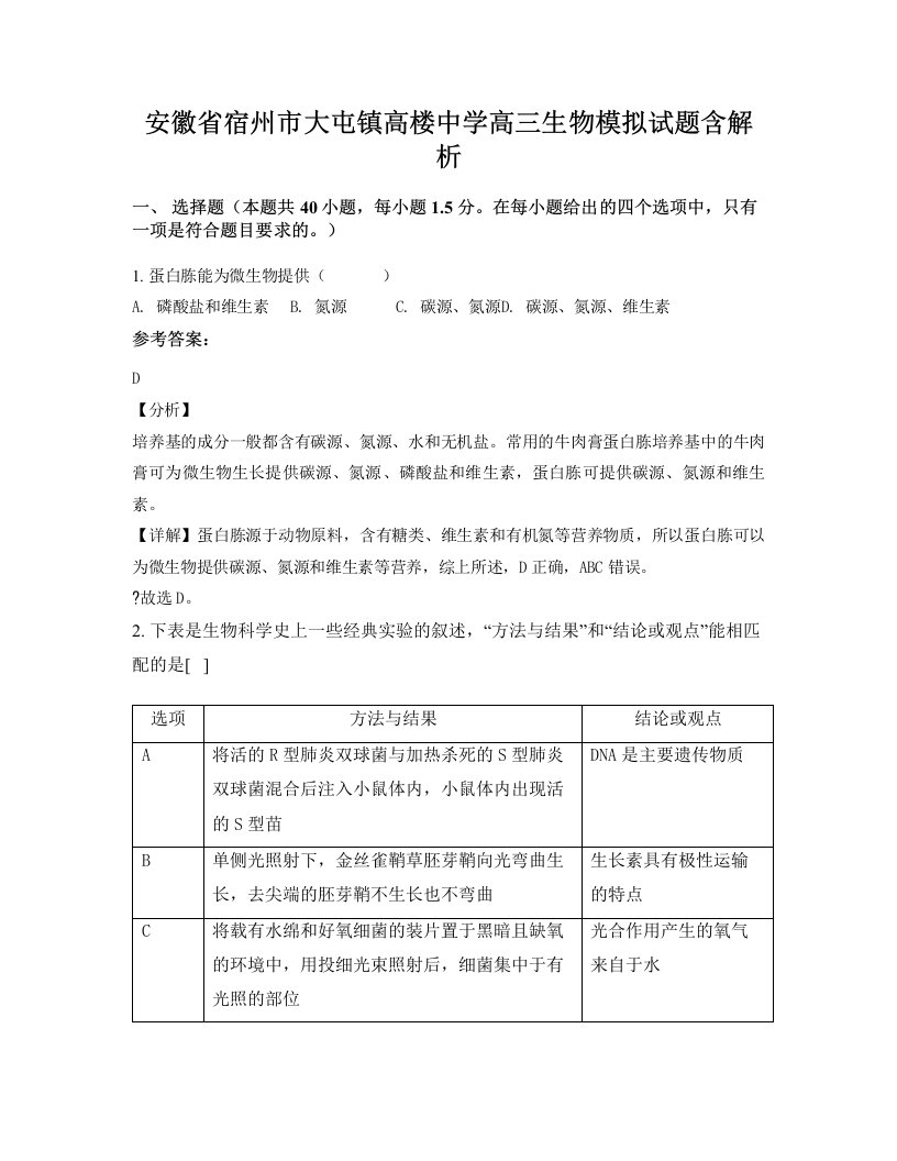 安徽省宿州市大屯镇高楼中学高三生物模拟试题含解析