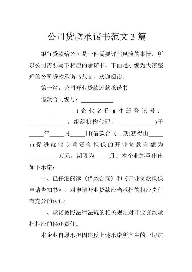 公司贷款承诺书范文3篇