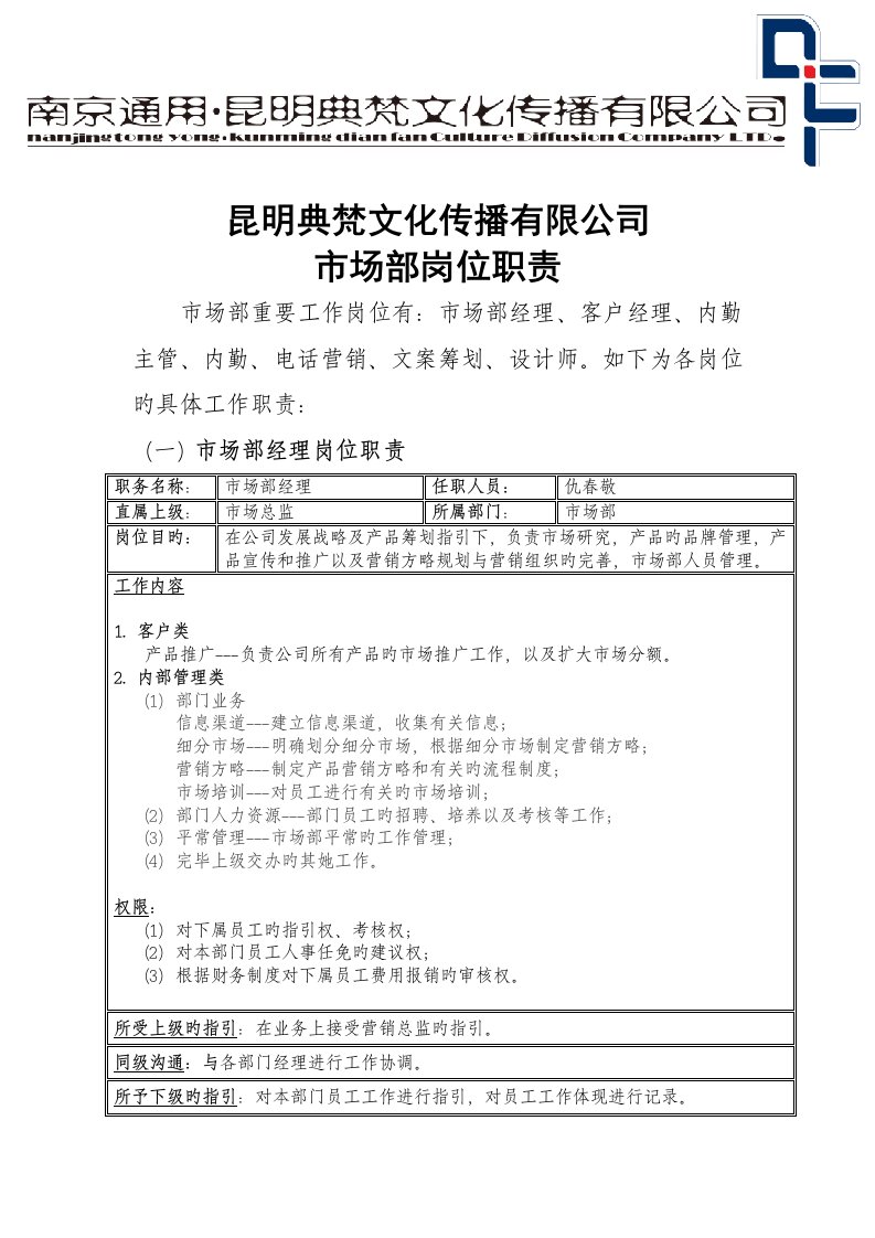 文化传播有限公司市场部岗位基本职责