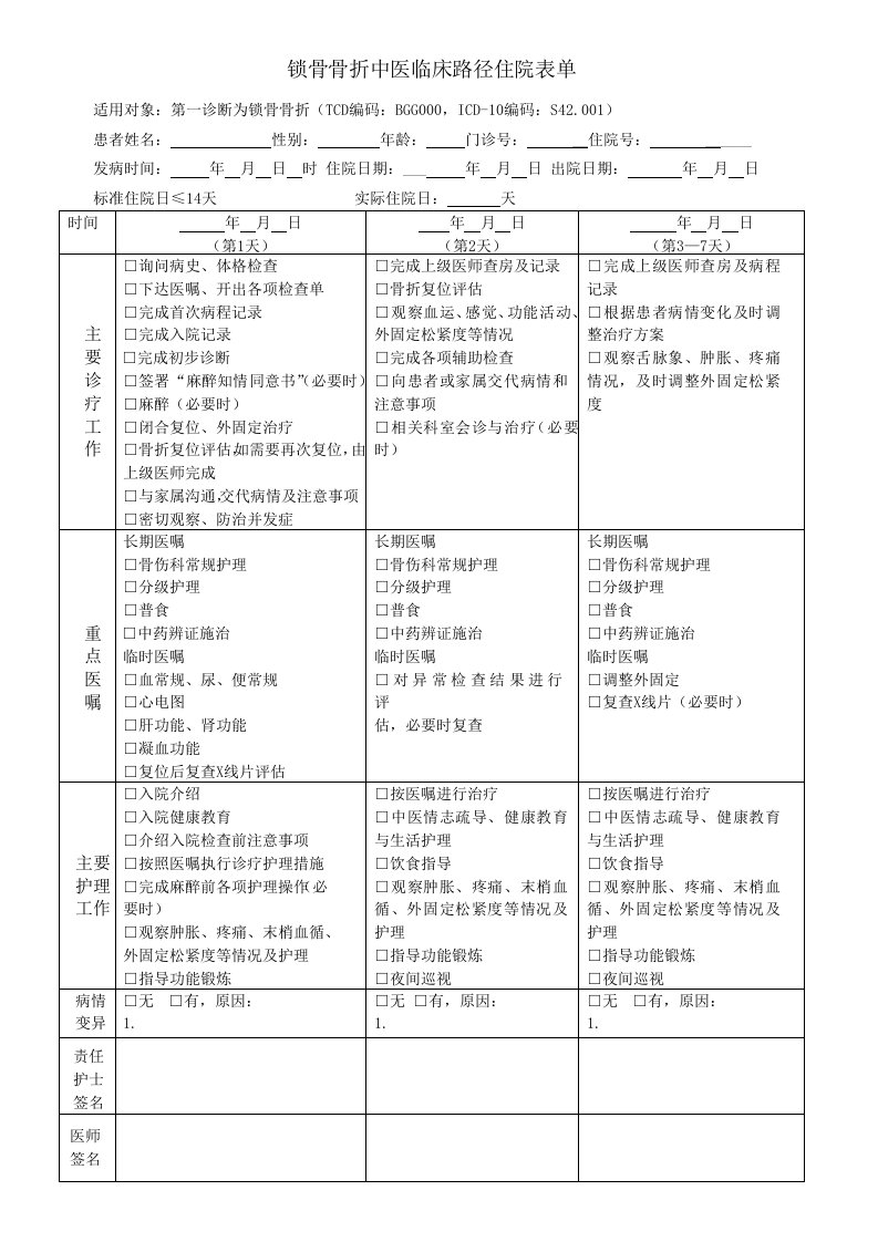 锁骨骨折中医临床路径住院表单