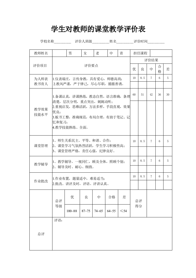 学生对教师的课堂教学评价表