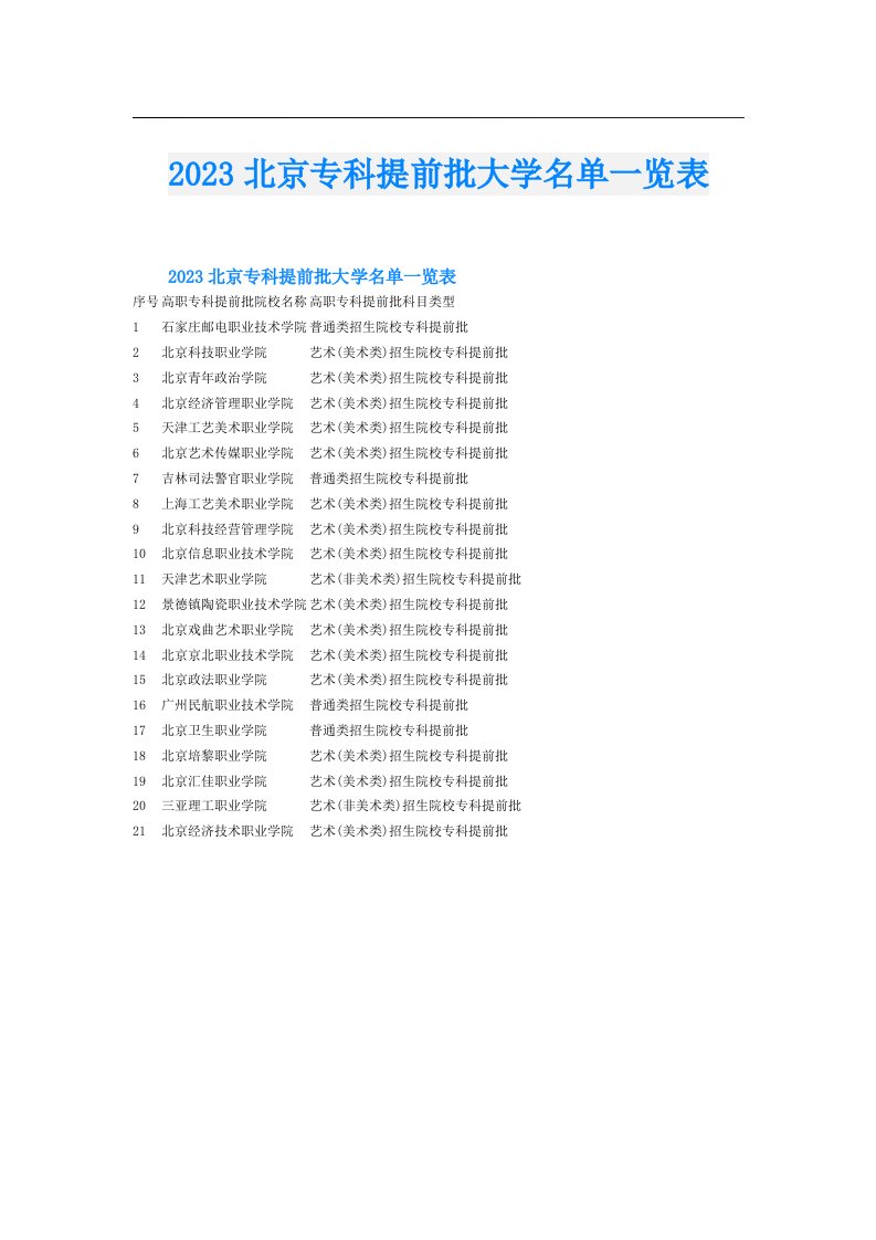 北京专科提前批大学名单一览表