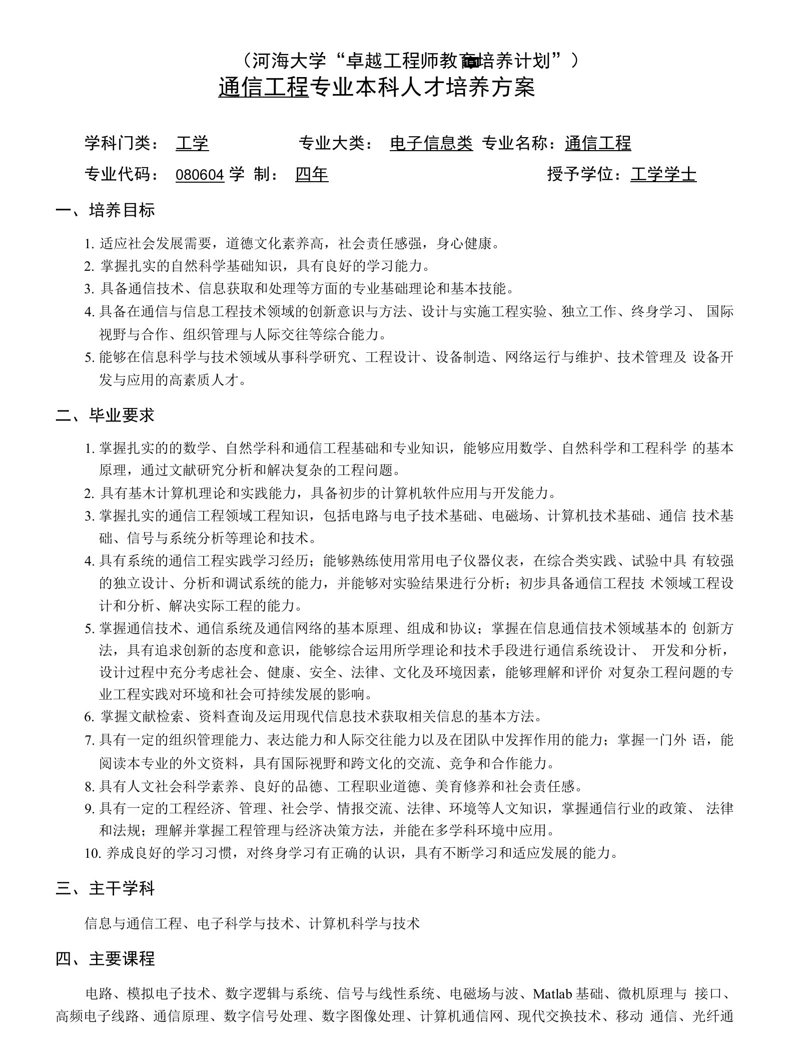 通信工程专业本科人才培养方案