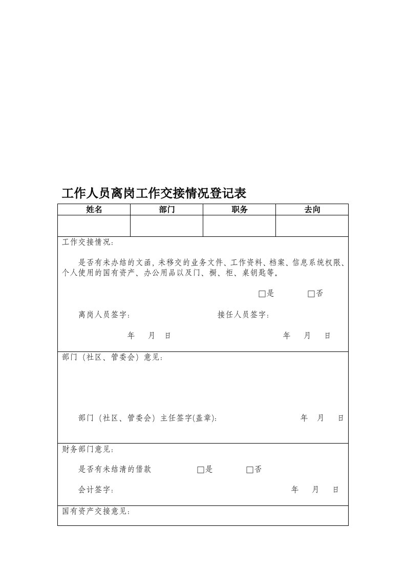 工作人员离岗工作交接情况登记表crosoft