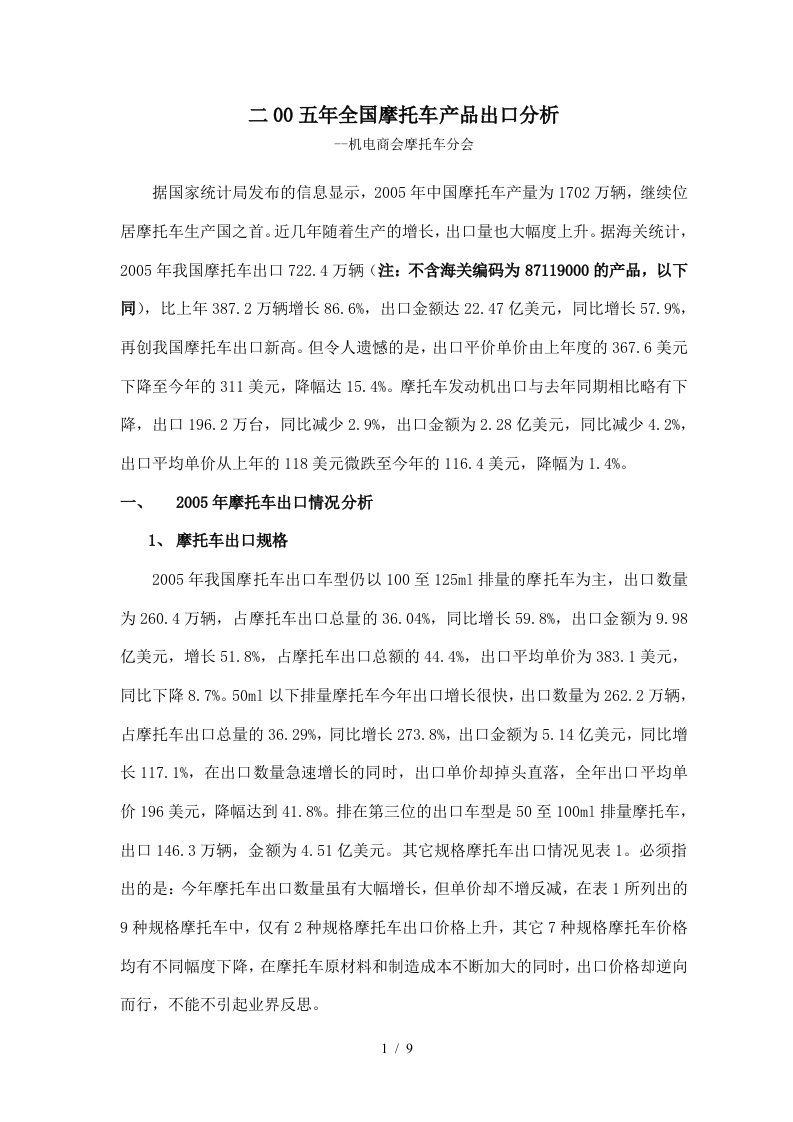 二00五年全国摩托车产品出口分析