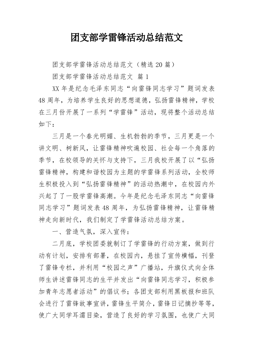 团支部学雷锋活动总结范文