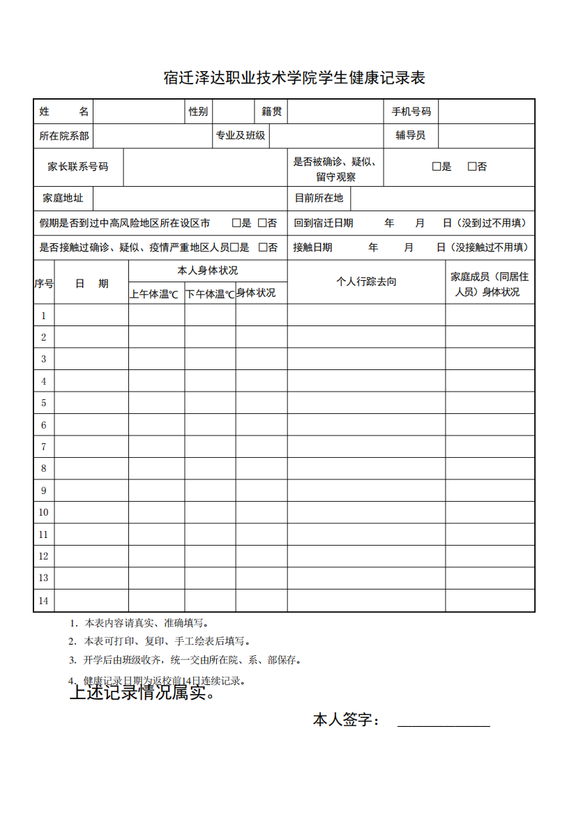 (大专)健康卡+承诺书+行程记录卡2022