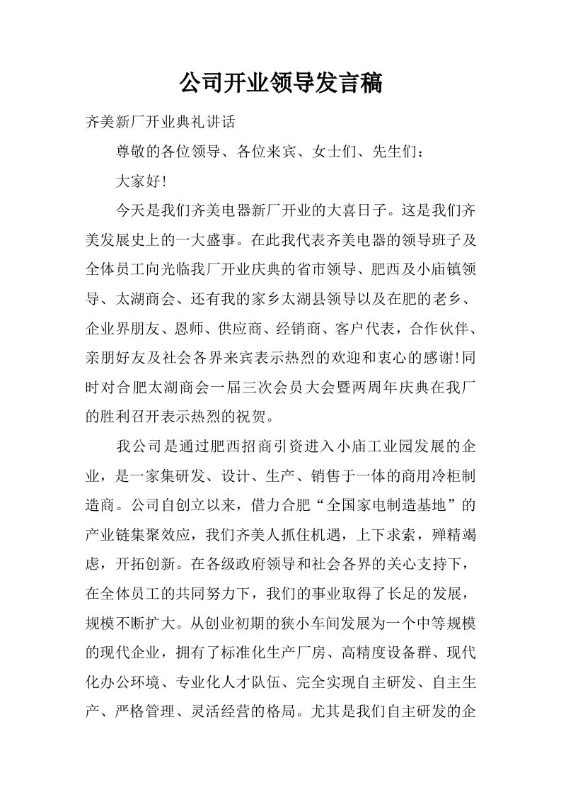 公司开业领导发言稿