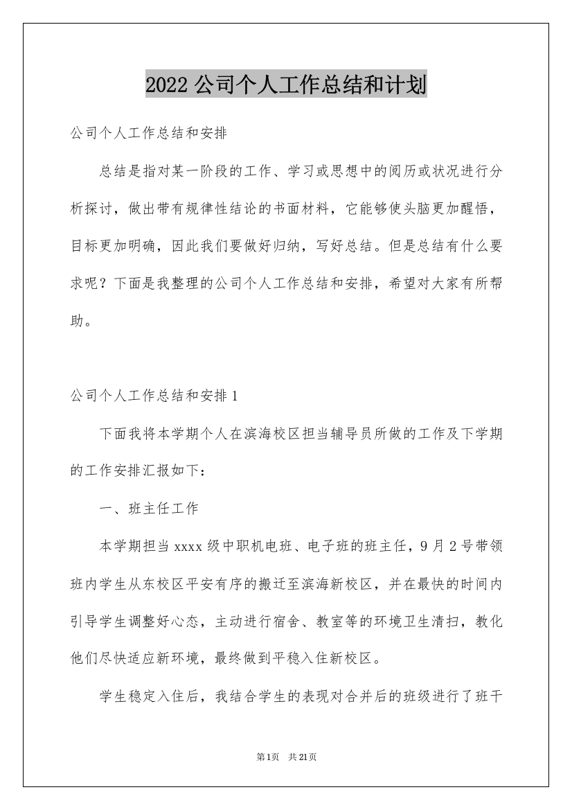 2022公司个人工作总结和计划