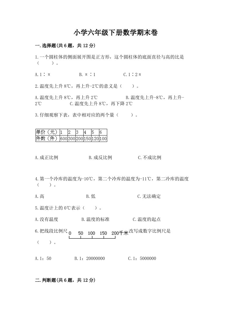 小学六年级下册数学期末卷附答案【黄金题型】