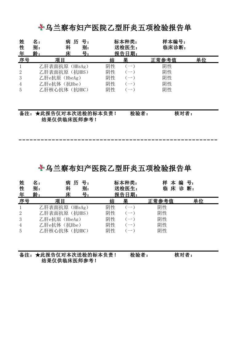 乙型肝炎五项检验报告单