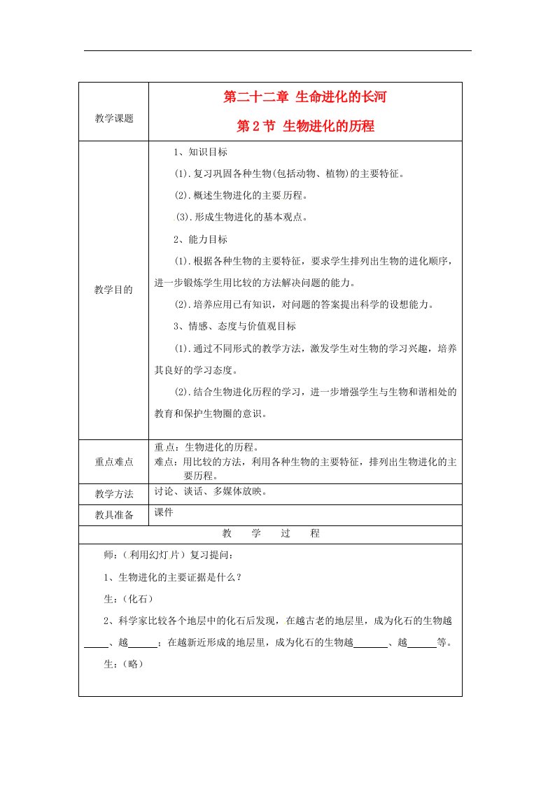 苏科版生物八下22.2《生物进化的历程》