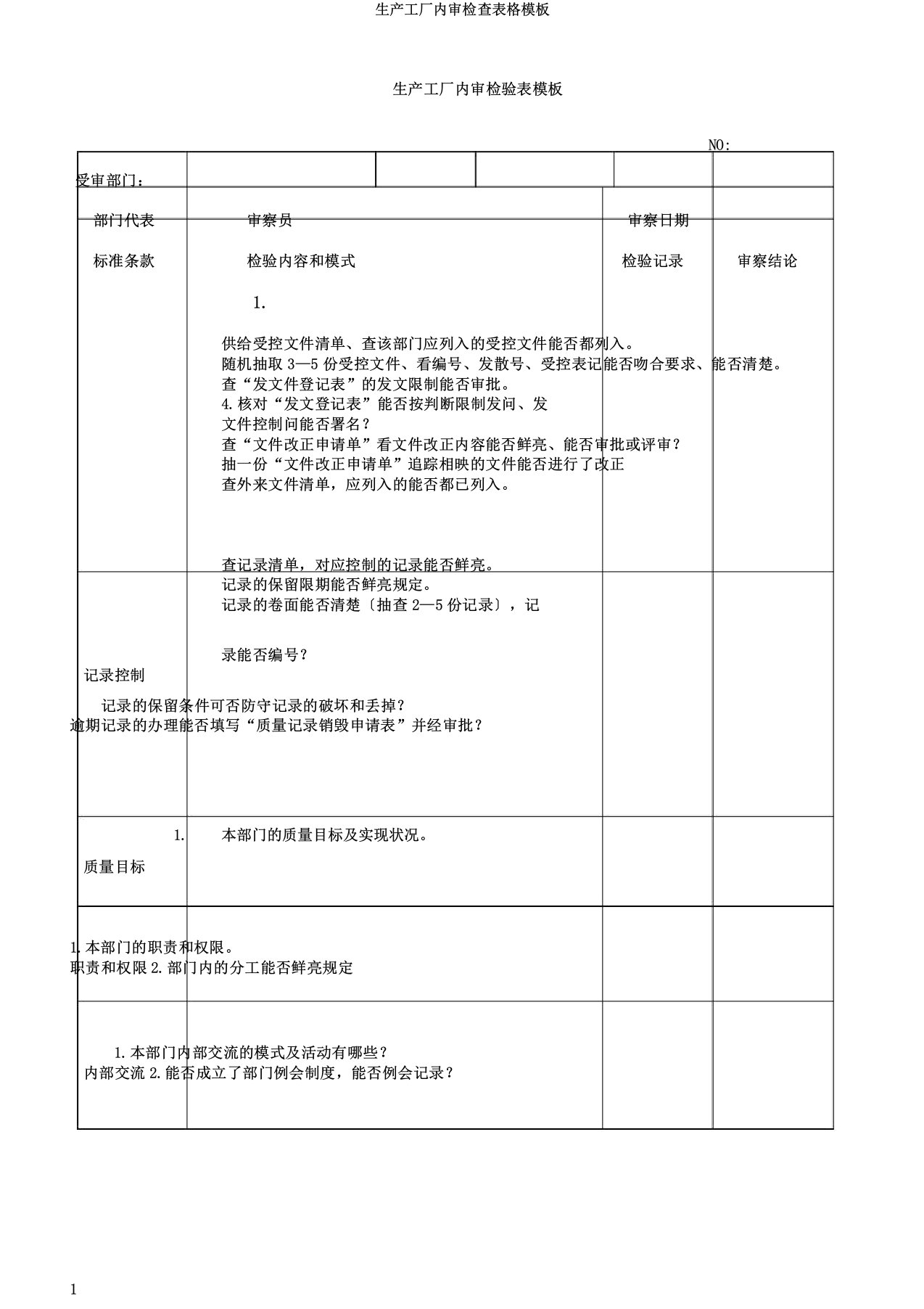 生产工厂内审检查表格模板