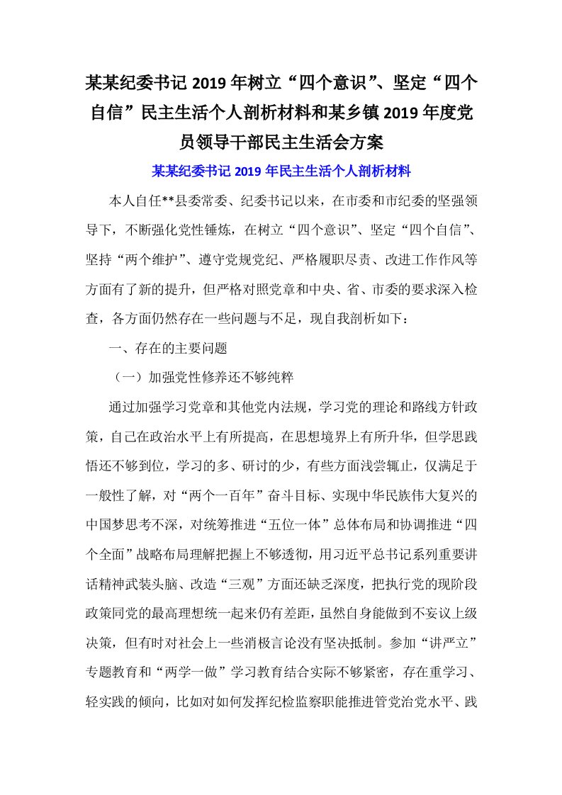 某某纪委书记2019年树立“四个意识”、坚定“四个自信”民主生活个人剖析材料和某乡镇2019年度党员领导干部民主生活会方案