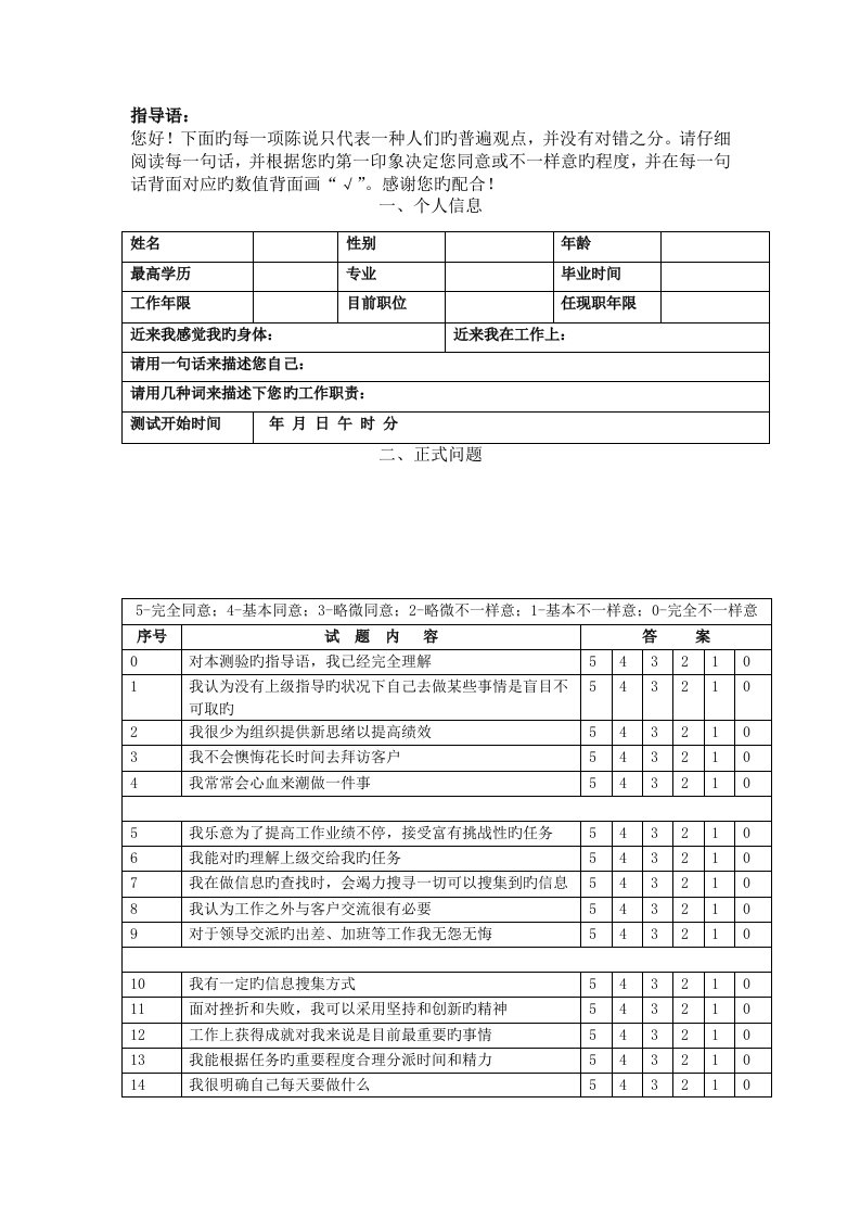 销售经理心理测评量表