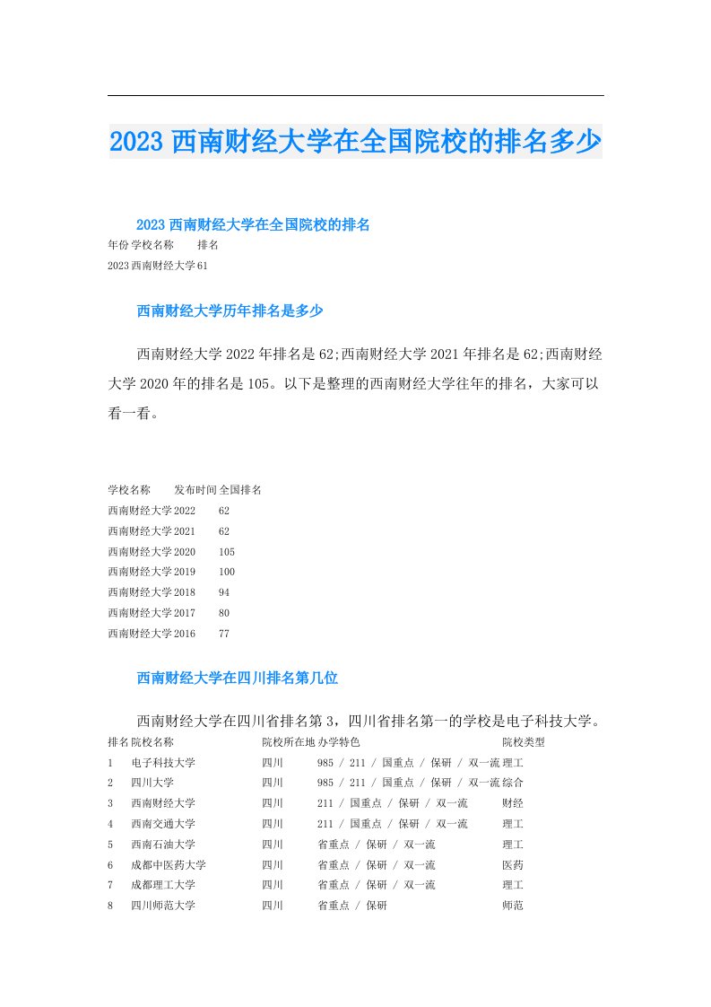 西南财经大学在全国院校的排名多少