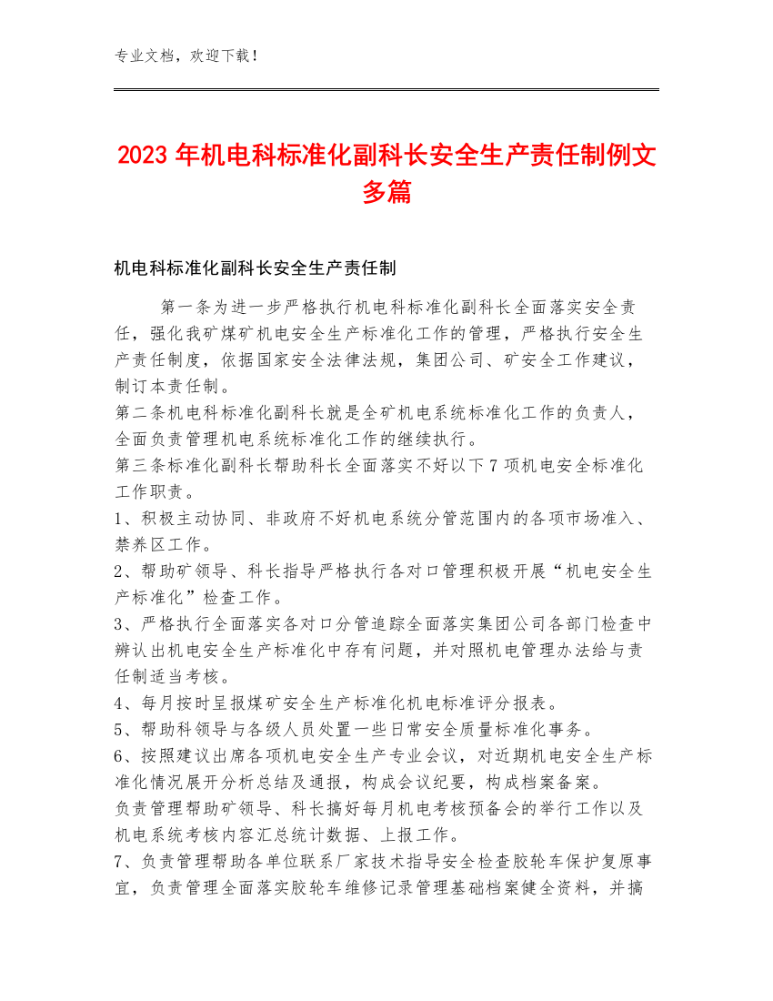 2023年机电科标准化副科长安全生产责任制例文多篇