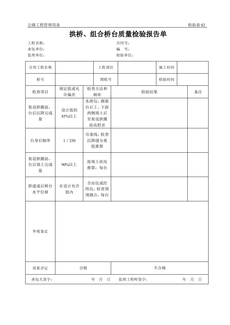 公路工程管理用表范本-拱桥、组合桥台质量检验报告单