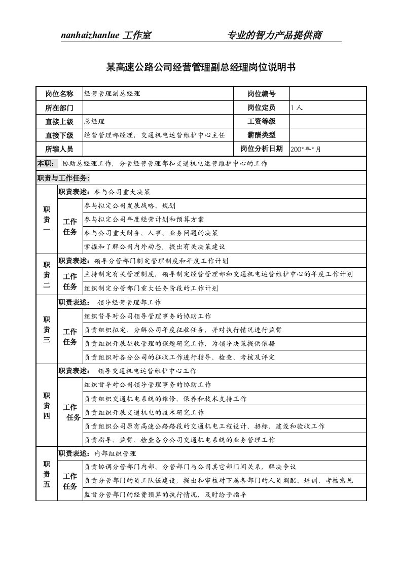 精选某高速公路公司经营管理副总经理岗位说明书