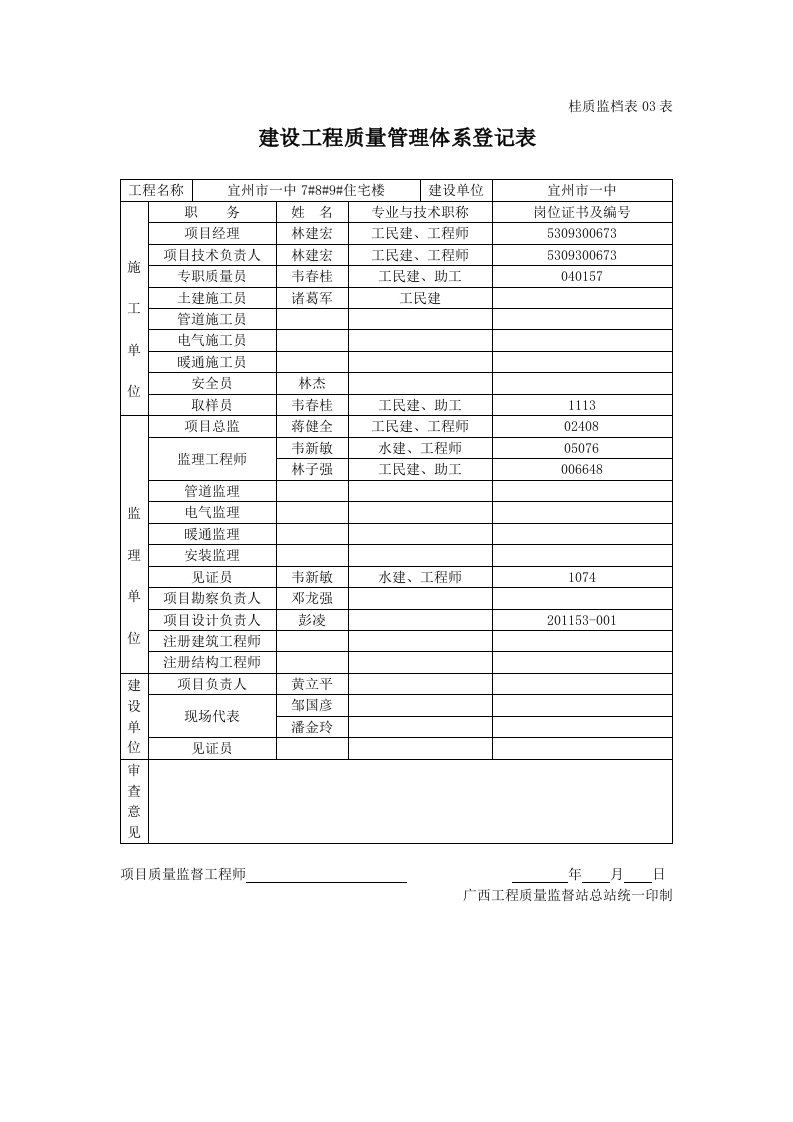 工程质量管理体系登记表