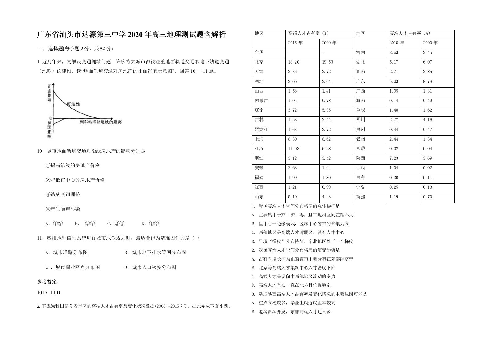 广东省汕头市达濠第三中学2020年高三地理测试题含解析