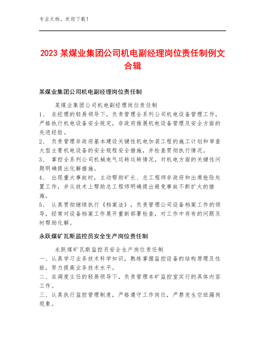 2023某煤业集团公司机电副经理岗位责任制例文合辑