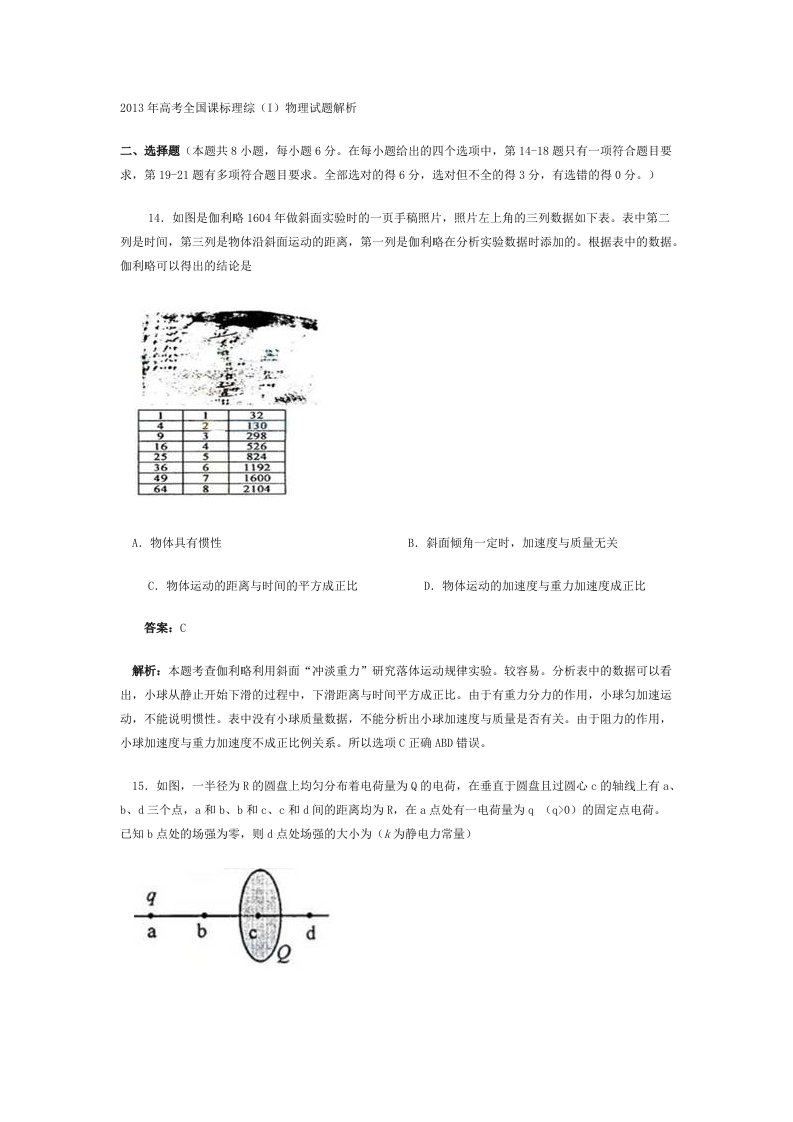 2013年高考全国课标理综(I)物理试题解析