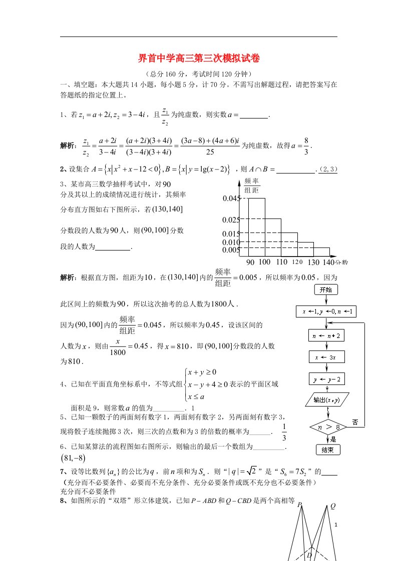 江苏省高邮市界首中学高三数学第三次模拟考试试题苏教版