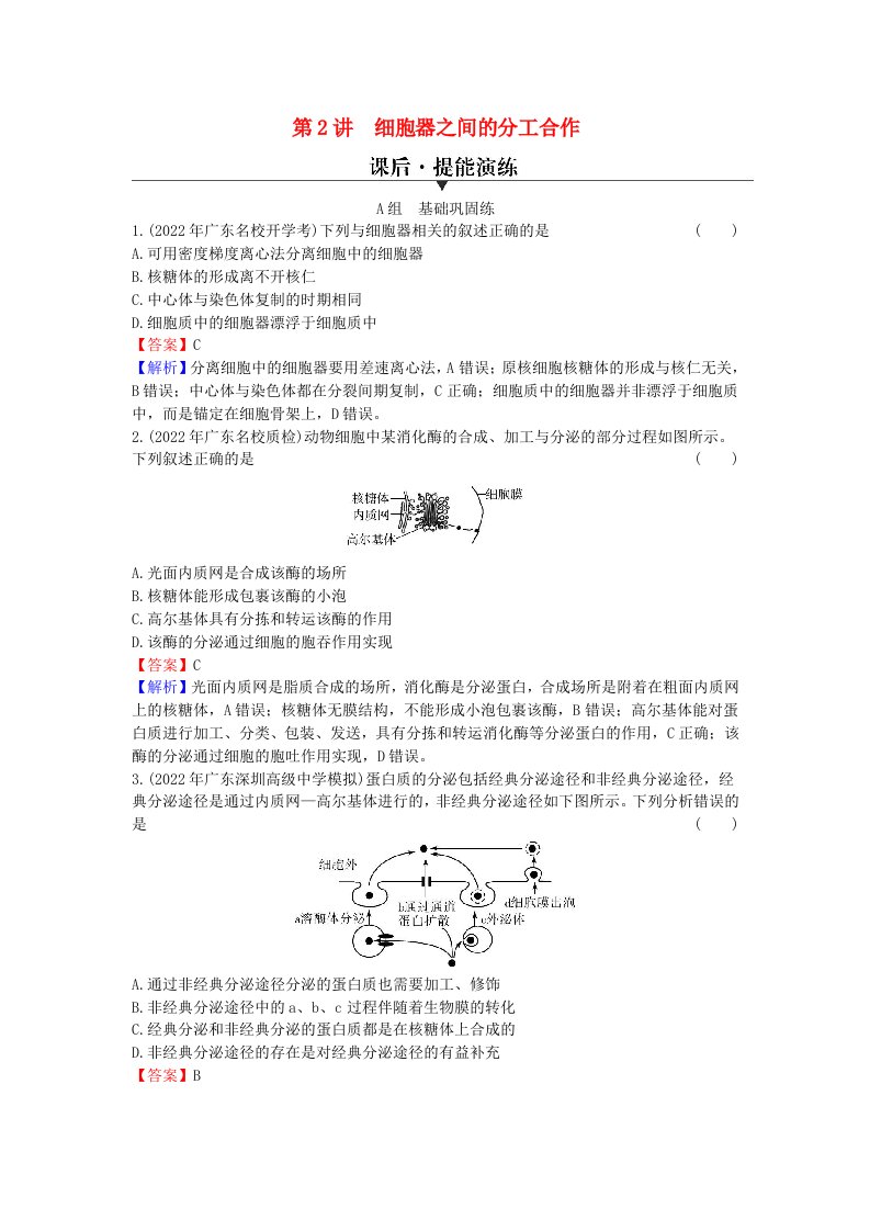 2024版高考生物一轮总复习第二单元细胞的基本结构细胞的物质输入和输出第2讲细胞器之间的分工合作提能演练