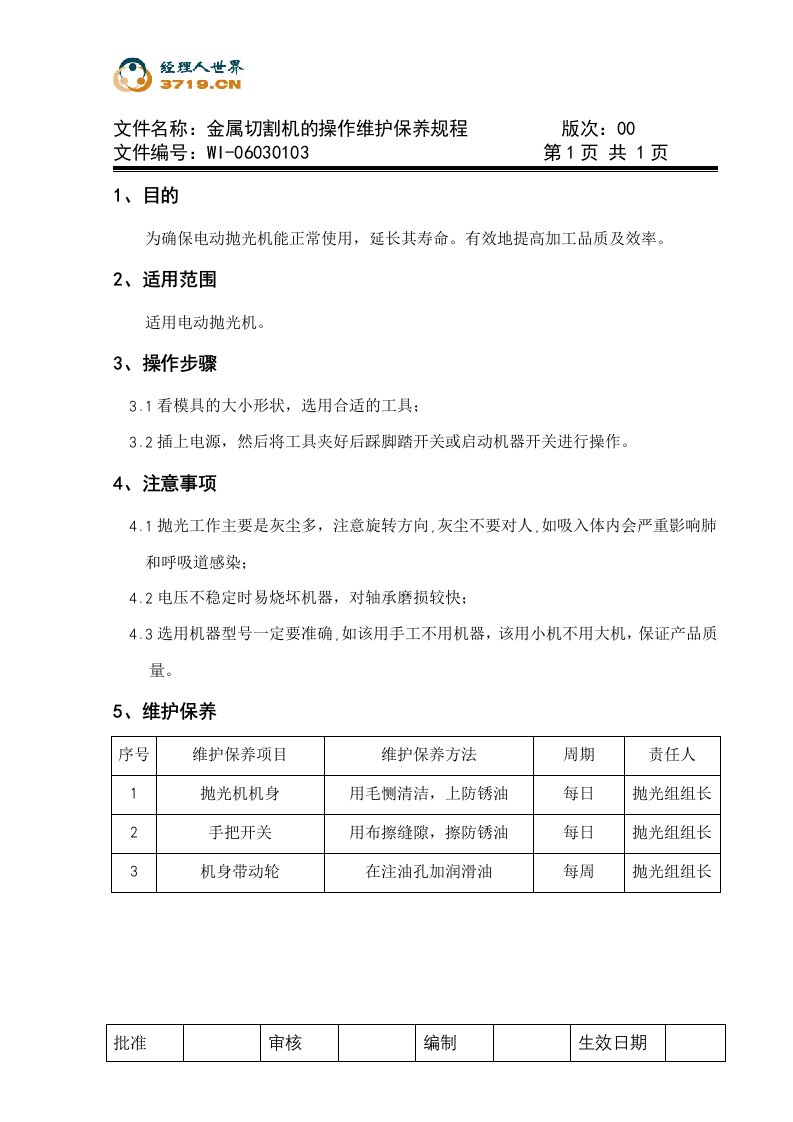 x模具公司金属切割机的操作维护保养规程(doc)-作业指导