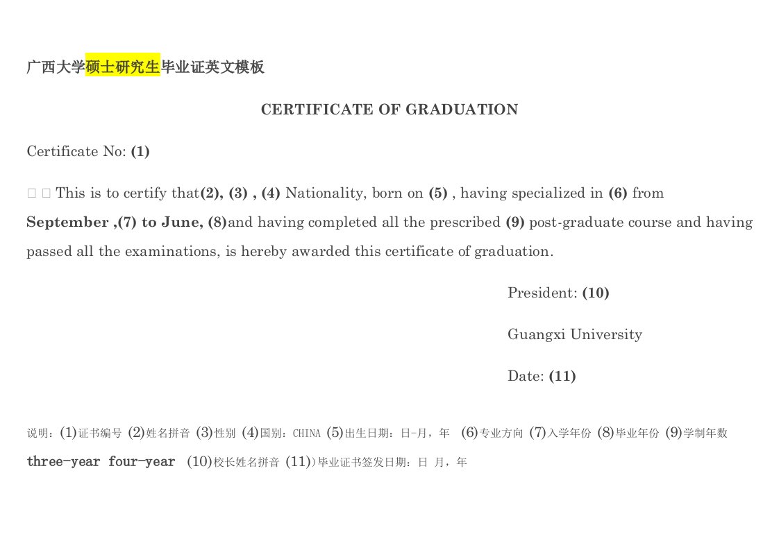 广西大学硕士研究生毕业证英文模板