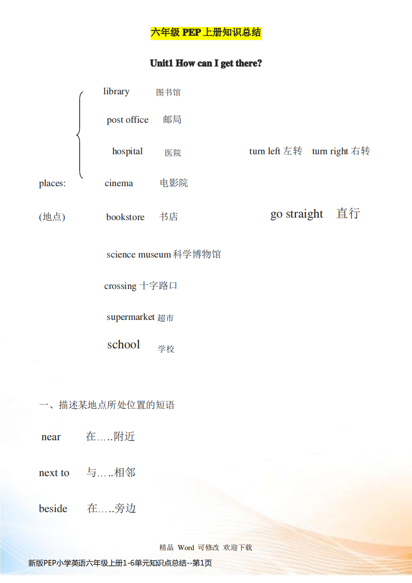 新版PEP小学英语六年级上册1-6单元知识点总结