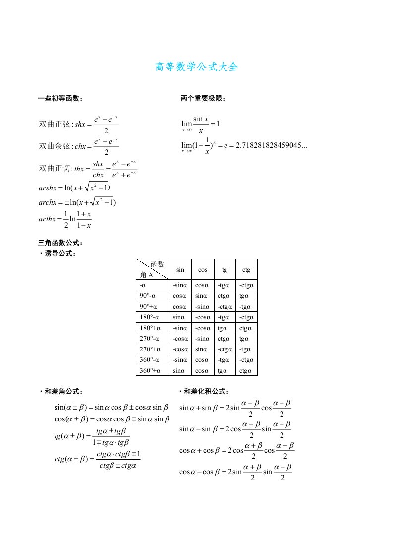 高等数学公式大全