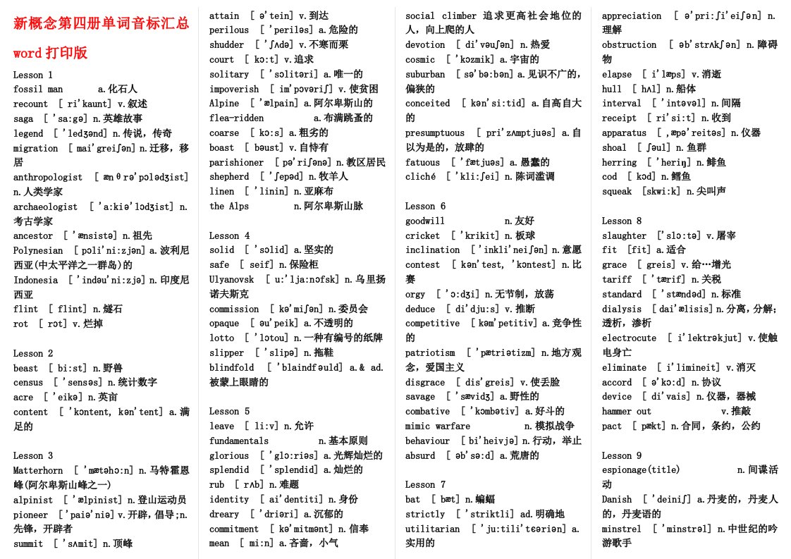 新概念第四册单词音标汇总word打印版