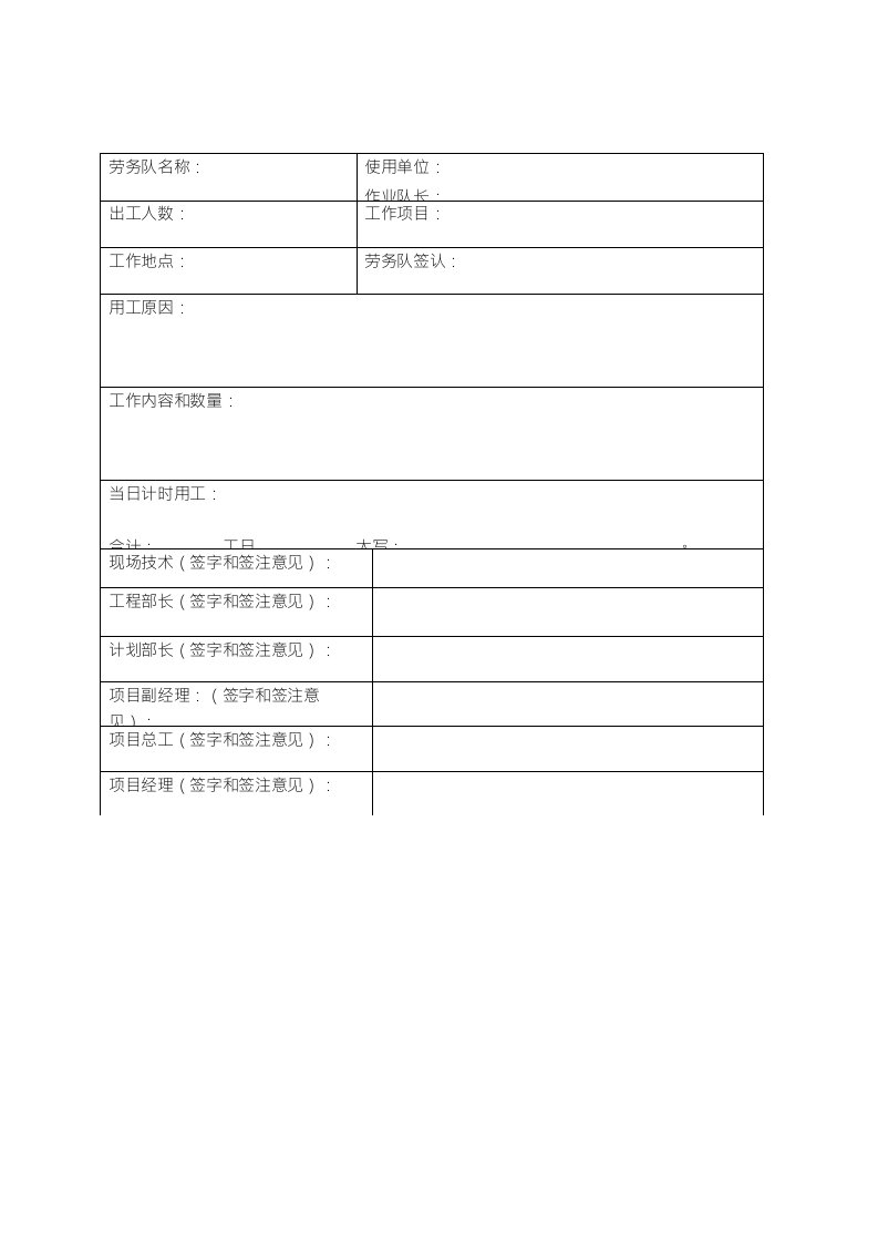 合同外零星用工及机械台班申请单