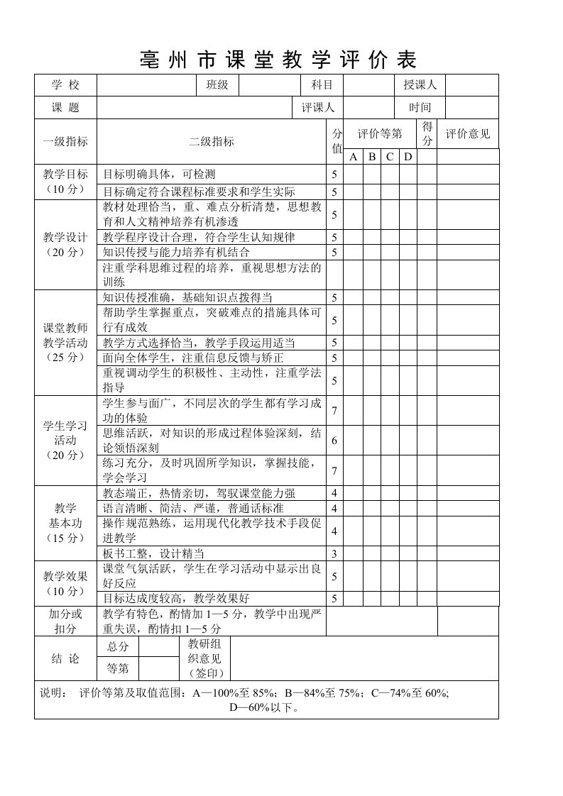 亳州市课堂教学评价表