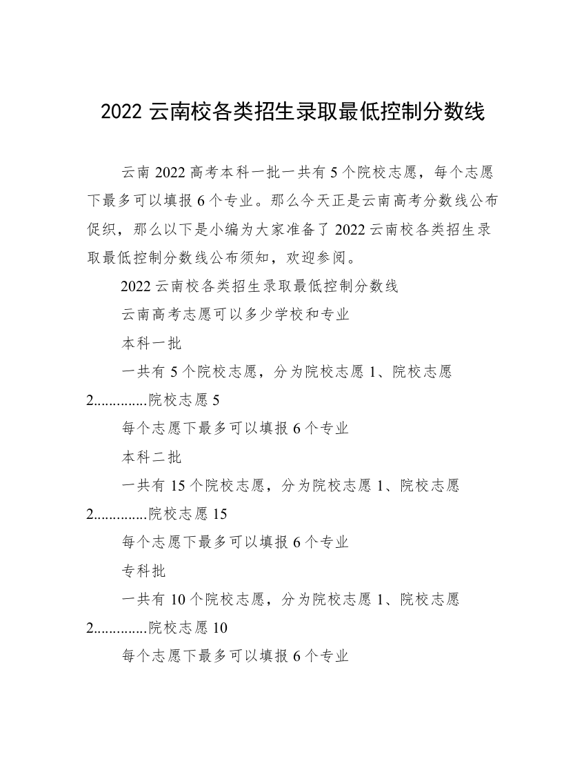 2022云南校各类招生录取最低控制分数线