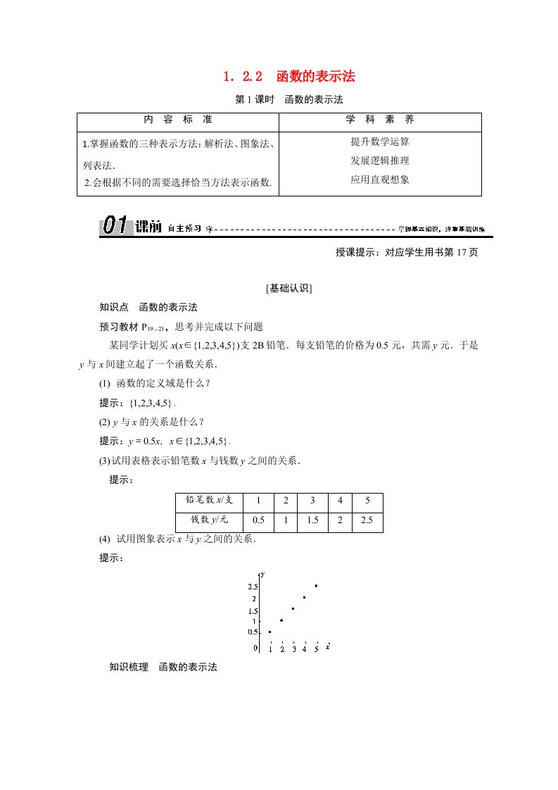 2020_2021学年高中数学第一章集合与函数概念1.2.2第1课时函数的表示法学案含解析新人教A版必修1