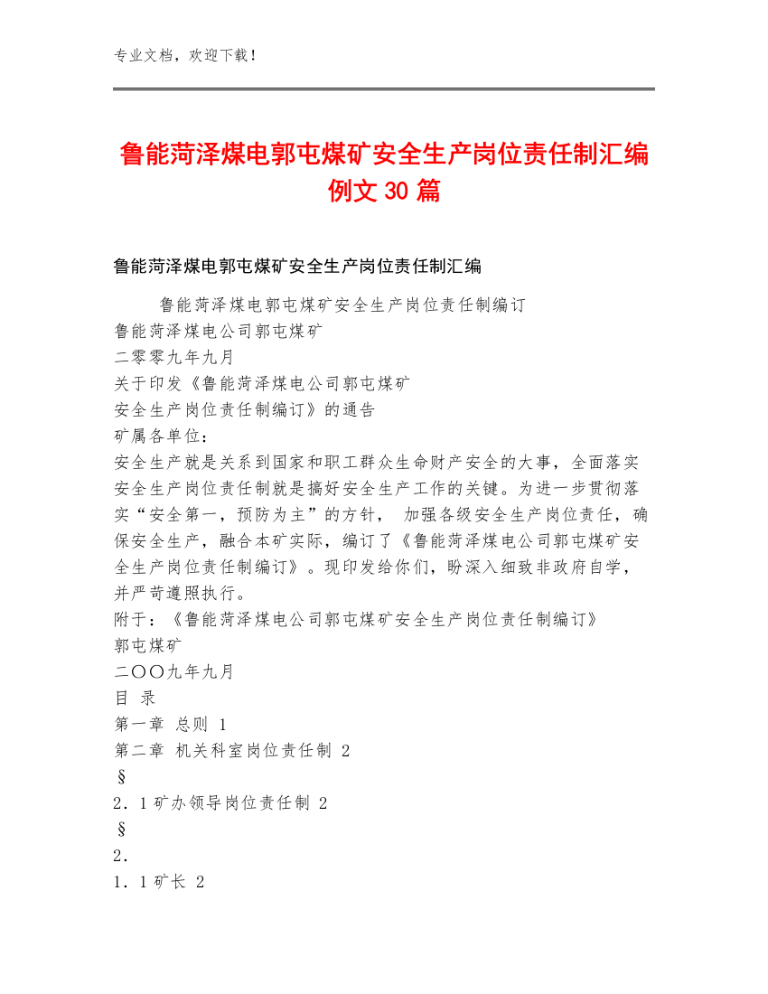 鲁能菏泽煤电郭屯煤矿安全生产岗位责任制汇编例文30篇