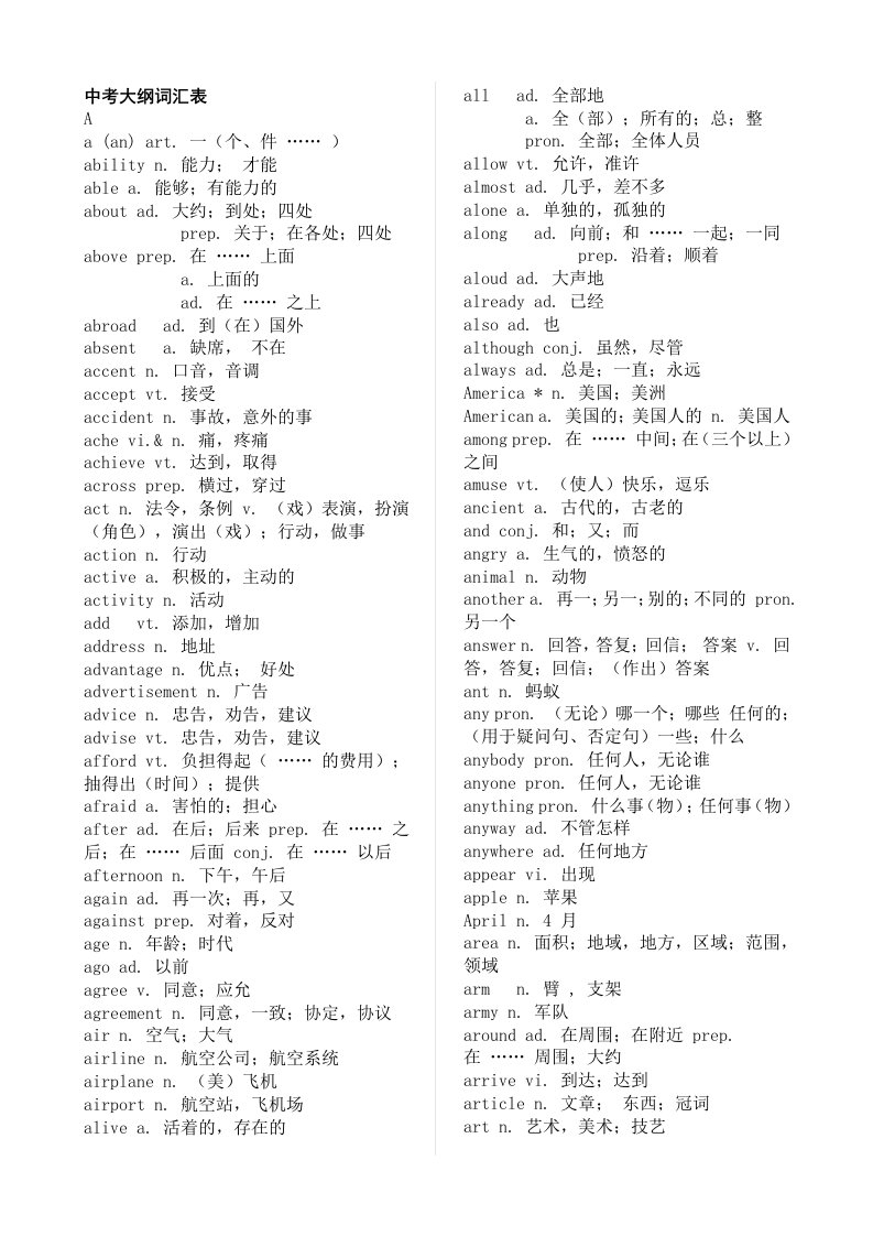 陕西中考英语大纲词汇表