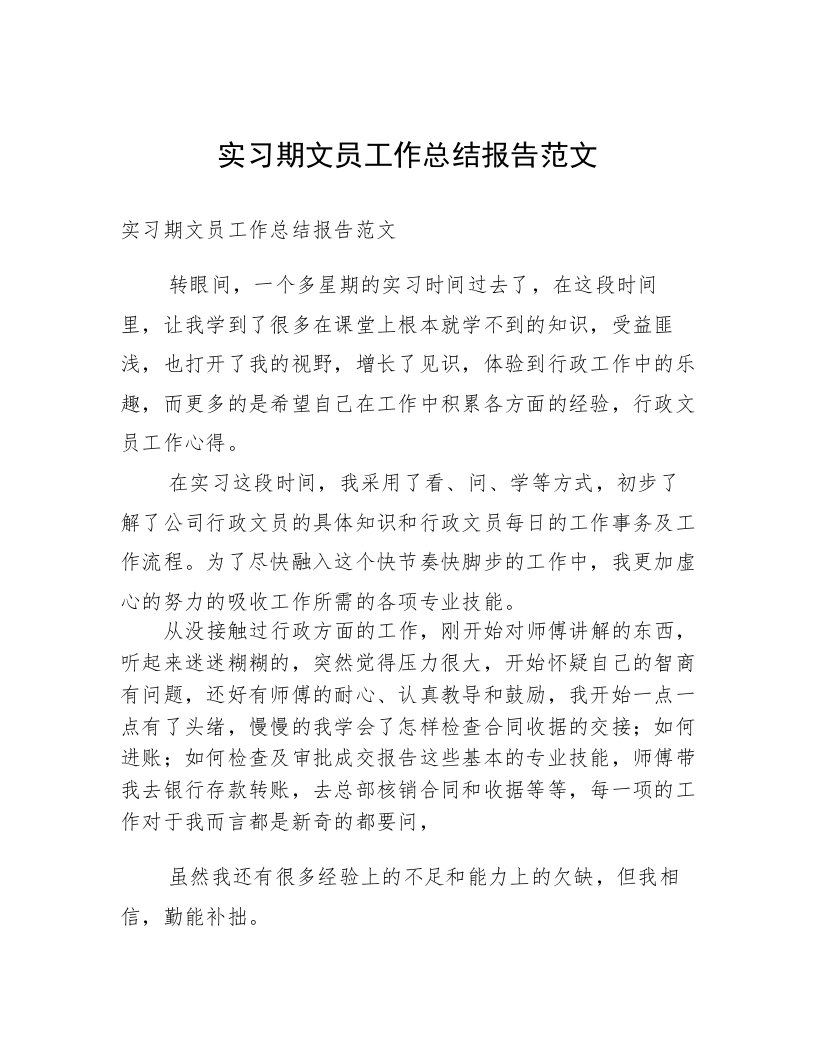 实习期文员工作总结报告范文