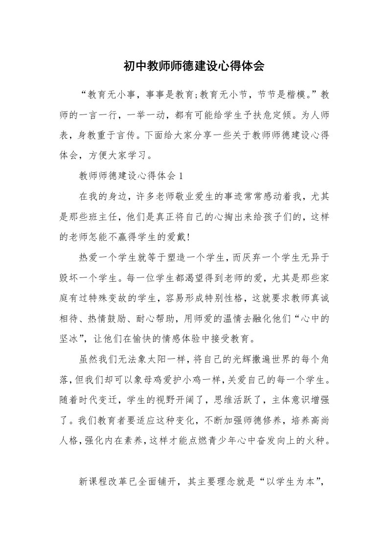 教学心得_初中教师师德建设心得体会