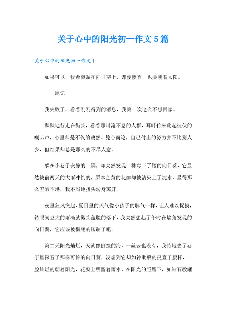 关于心中的阳光初一作文5篇